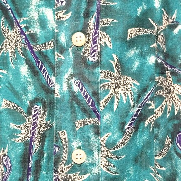 Bugle Boy Company 90s Turquoise Cream Hawaiian Print S/S Button Down Shirt SZ XL - Picture 4 of 6